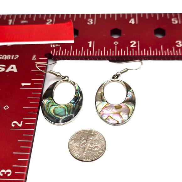 Pierced Earrings Vintage Alpaca Abalone Inlay Green Pink Dangle Hoop SKU2403 - Picture 4 of 7